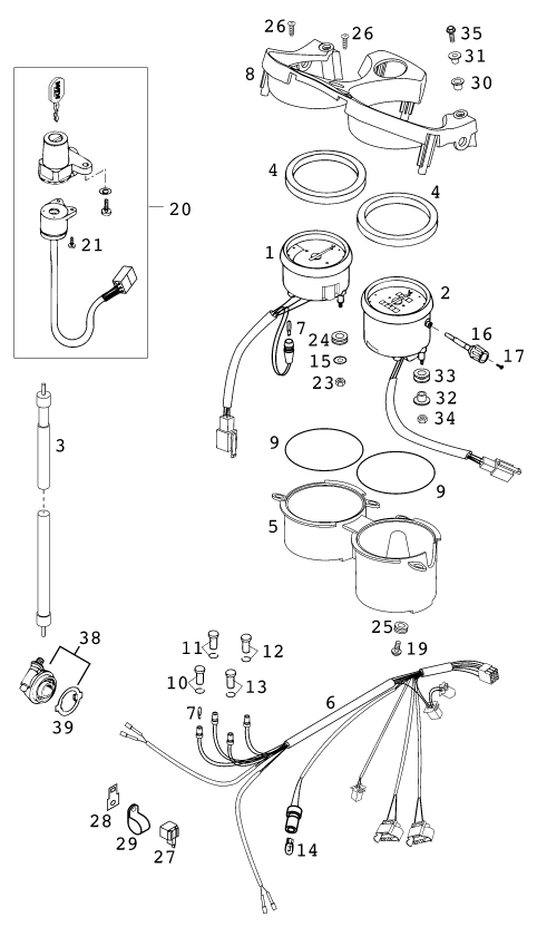 Explosionszeichnung der Baugruppe INSTRUMENTE / SCHLOSSSYSTEM, Position 2 ist markiert
