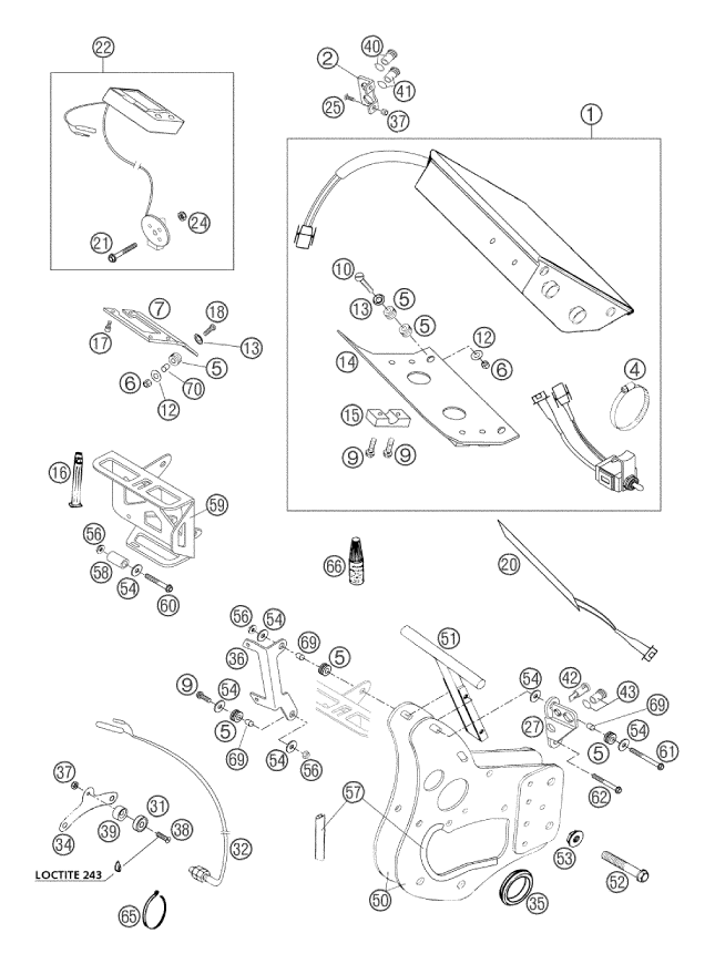 Explosionszeichnung der Baugruppe INSTRUMENTE / SCHLOSSSYSTEM, Position 22 ist markiert