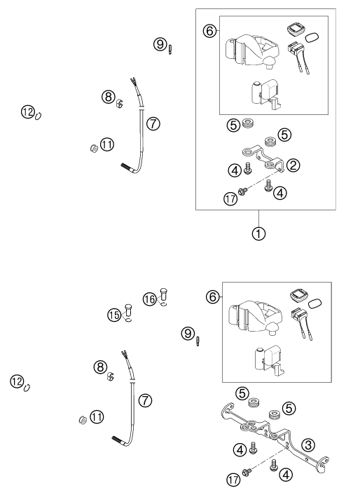 Explosionszeichnung der Baugruppe INSTRUMENTE / SCHLOSSSYSTEM, Position 1 ist markiert