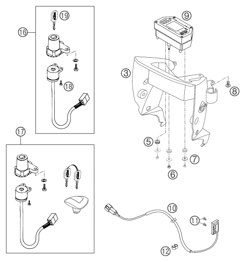 Explosionszeichnung der Baugruppe INSTRUMENTE / SCHLOSSSYSTEM, Position 9 ist markiert