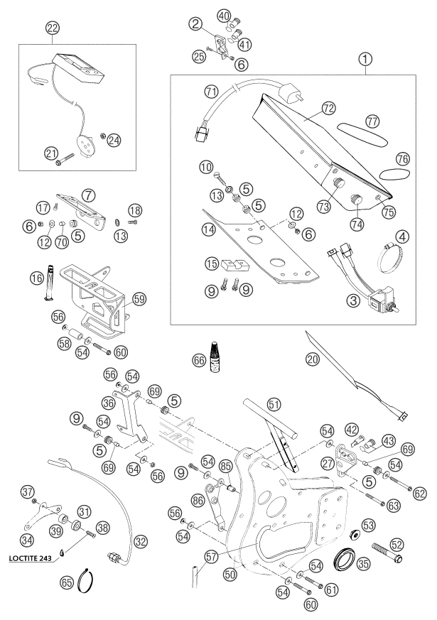 Explosionszeichnung der Baugruppe INSTRUMENTE / SCHLOSSSYSTEM, Position 72 ist markiert