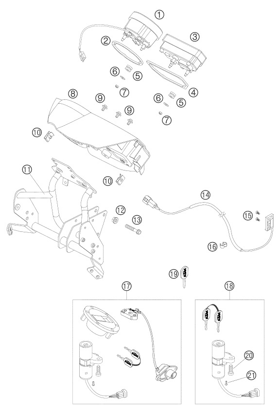 Explosionszeichnung der Baugruppe INSTRUMENTE / SCHLOSSSYSTEM, Position 14 ist markiert