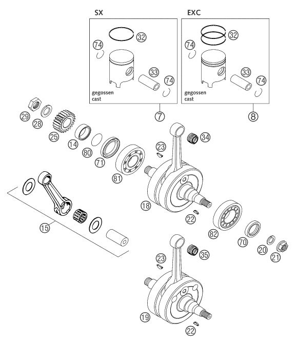 Explosionsgrafik KURBELWELLE, KOLBEN