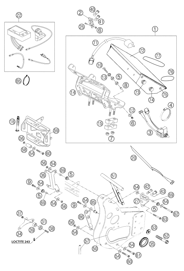 Explosionszeichnung der Baugruppe INSTRUMENTE / SCHLOSSSYSTEM, Position 22 ist markiert