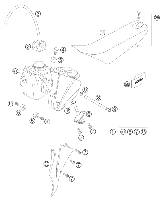 Explosionszeichnung der Baugruppe TANK, SITZBANK, Position 1 ist markiert