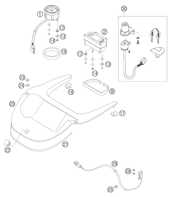 Explosionszeichnung der Baugruppe INSTRUMENTE / SCHLOSSSYSTEM, Position 9 ist markiert