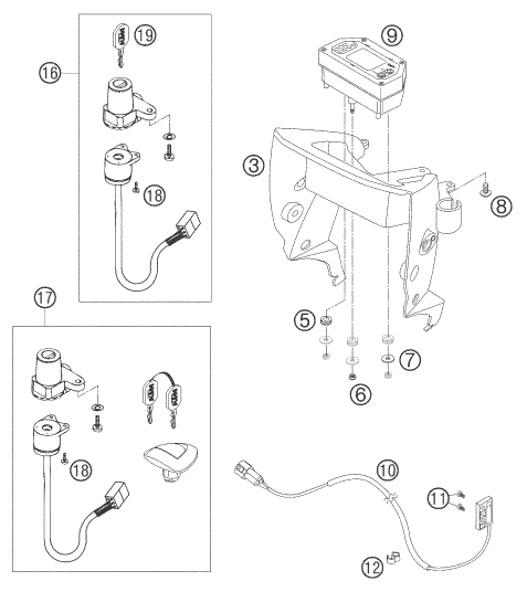 Explosionszeichnung der Baugruppe INSTRUMENTE / SCHLOSSSYSTEM, Position 9 ist markiert