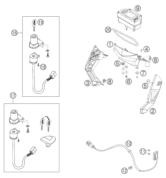 Explosionszeichnung der Baugruppe INSTRUMENTE / SCHLOSSSYSTEM, Position 10 ist markiert