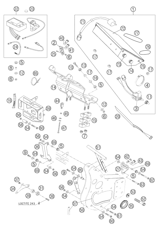 Explosionszeichnung der Baugruppe INSTRUMENTE / SCHLOSSSYSTEM, Position 86 ist markiert