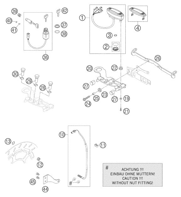 Explosionszeichnung der Baugruppe INSTRUMENTE / SCHLOSSSYSTEM, Position 44 ist markiert