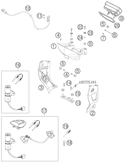 Explosionszeichnung der Baugruppe INSTRUMENTE / SCHLOSSSYSTEM, Position 17 ist markiert