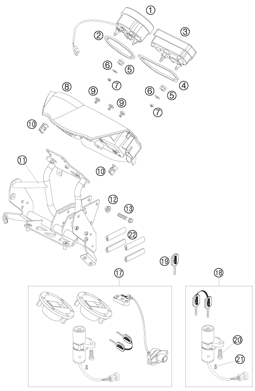 Explosionszeichnung der Baugruppe INSTRUMENTE / SCHLOSSSYSTEM, Position 8 ist markiert