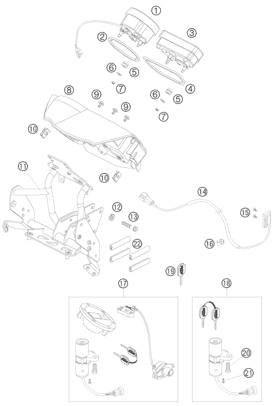 Explosionszeichnung der Baugruppe INSTRUMENTE / SCHLOSSSYSTEM, Position 8 ist markiert