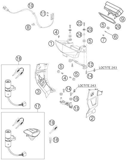 Explosionszeichnung der Baugruppe INSTRUMENTE / SCHLOSSSYSTEM, Position 17 ist markiert