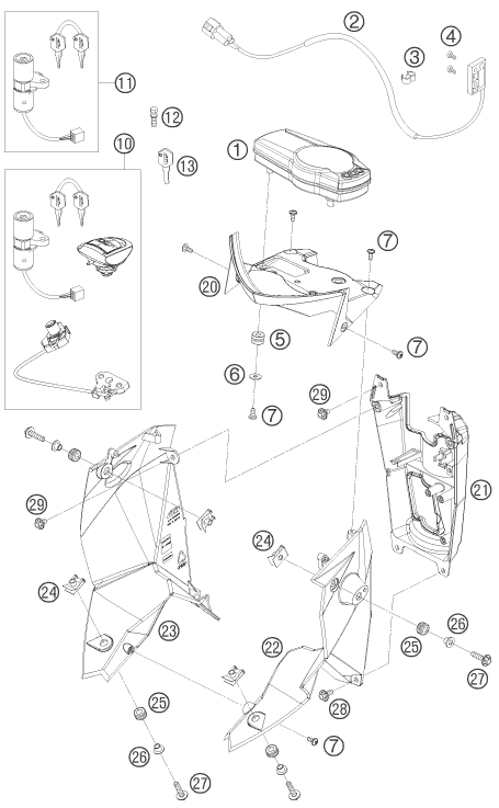Explosionszeichnung der Baugruppe INSTRUMENTE / SCHLOSSSYSTEM, Position 21 ist markiert