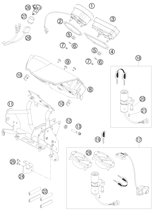 Explosionszeichnung der Baugruppe INSTRUMENTE / SCHLOSSSYSTEM, Position 11 ist markiert