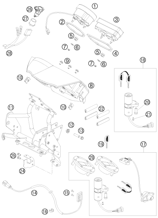 Explosionszeichnung der Baugruppe INSTRUMENTE / SCHLOSSSYSTEM, Position 28 ist markiert