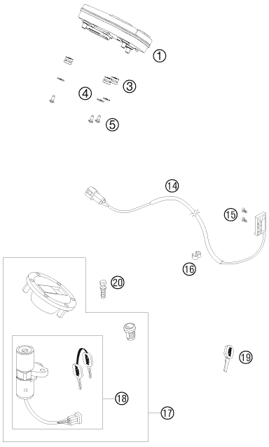 Explosionszeichnung der Baugruppe INSTRUMENTE / SCHLOSSSYSTEM, Position 14 ist markiert