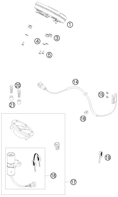 Explosionszeichnung der Baugruppe INSTRUMENTE / SCHLOSSSYSTEM, Position 1 ist markiert