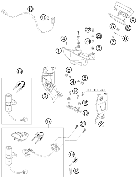 Explosionszeichnung der Baugruppe INSTRUMENTE / SCHLOSSSYSTEM, Position 17 ist markiert