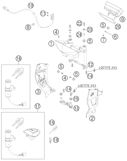 Explosionszeichnung der Baugruppe INSTRUMENTE / SCHLOSSSYSTEM, Position 17 ist markiert