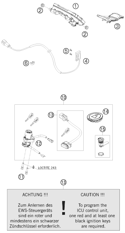 Explosionszeichnung der Baugruppe INSTRUMENTE / SCHLOSSSYSTEM, Position 2 ist markiert