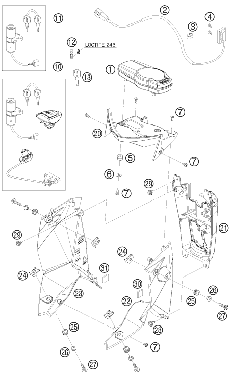 Explosionszeichnung der Baugruppe INSTRUMENTE / SCHLOSSSYSTEM, Position 10 ist markiert