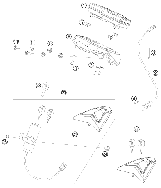 Explosionszeichnung der Baugruppe INSTRUMENTE / SCHLOSSSYSTEM, Position 1 ist markiert