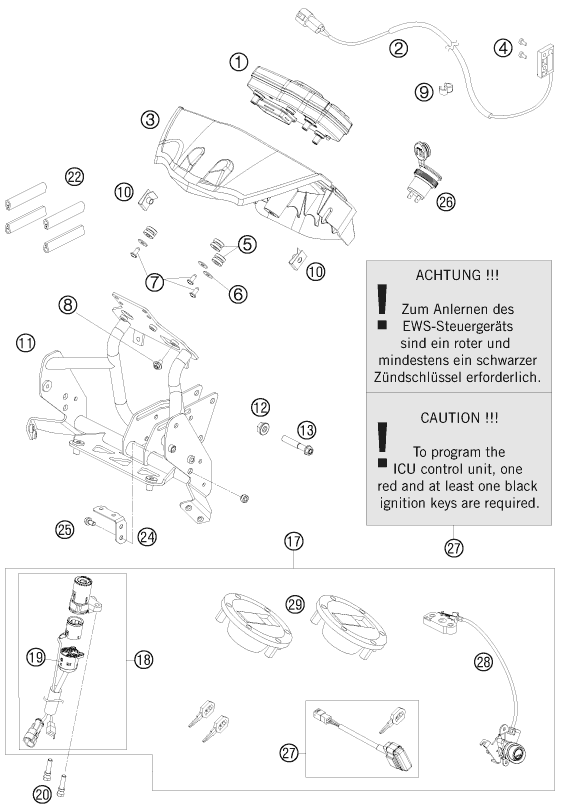 Explosionszeichnung der Baugruppe INSTRUMENTE / SCHLOSSSYSTEM, Position 1 ist markiert