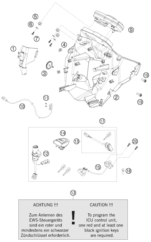 Explosionszeichnung der Baugruppe INSTRUMENTE / SCHLOSSSYSTEM, Position 9 ist markiert