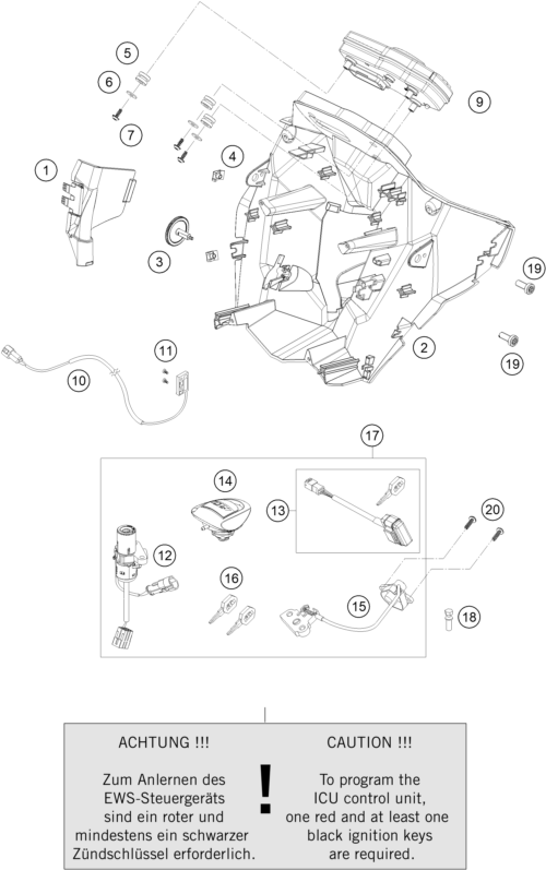 Explosionszeichnung der Baugruppe INSTRUMENTE / SCHLOSSSYSTEM, Position 2 ist markiert