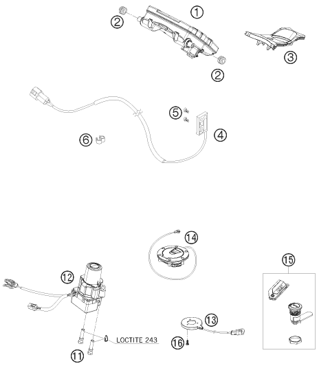 Explosionszeichnung der Baugruppe INSTRUMENTE / SCHLOSSSYSTEM, Position 1 ist markiert