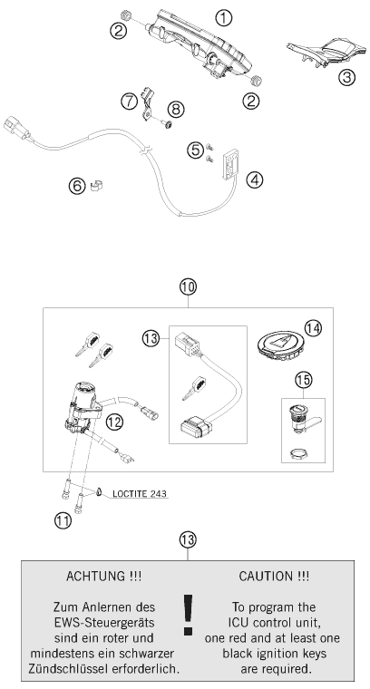 Explosionszeichnung der Baugruppe INSTRUMENTE / SCHLOSSSYSTEM, Position 1 ist markiert