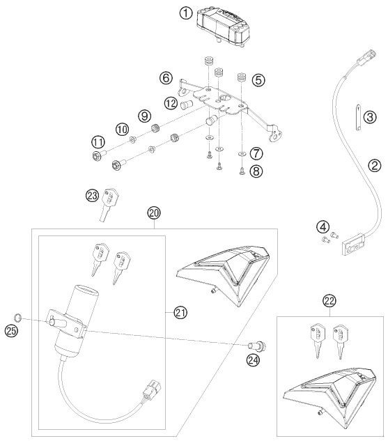 Explosionszeichnung der Baugruppe INSTRUMENTE / SCHLOSSSYSTEM, Position 1 ist markiert