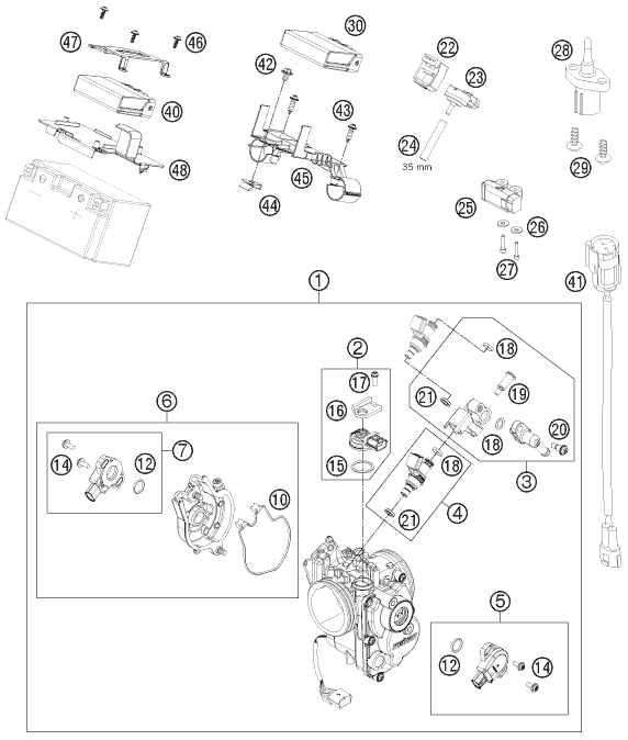 Explosionszeichnung der Baugruppe DROSSELKLAPPEN- / DREHWALZENKÖRPER, Position 1 ist markiert