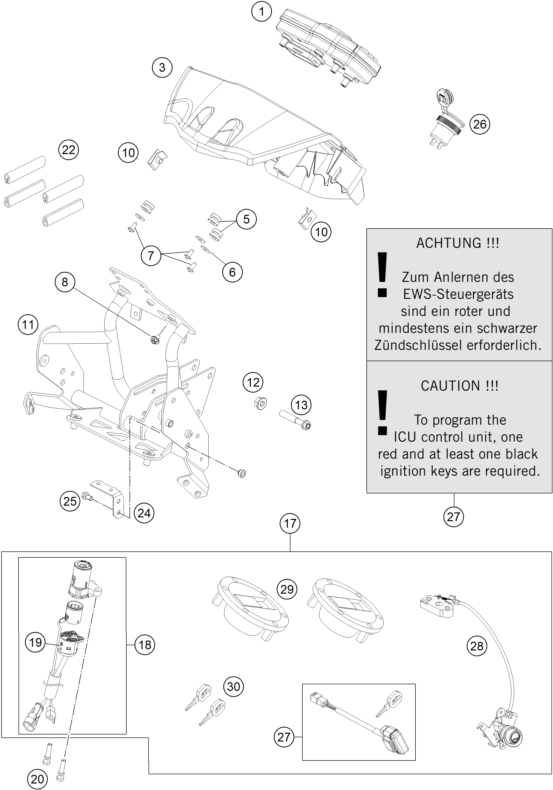 Explosionszeichnung der Baugruppe INSTRUMENTE / SCHLOSSSYSTEM, Position 19 ist markiert