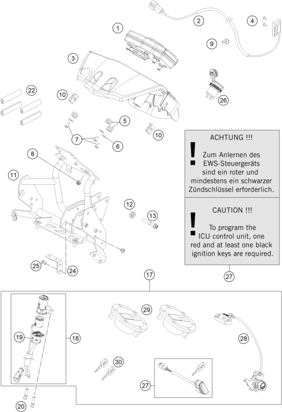 Explosionszeichnung der Baugruppe INSTRUMENTE / SCHLOSSSYSTEM, Position 17 ist markiert