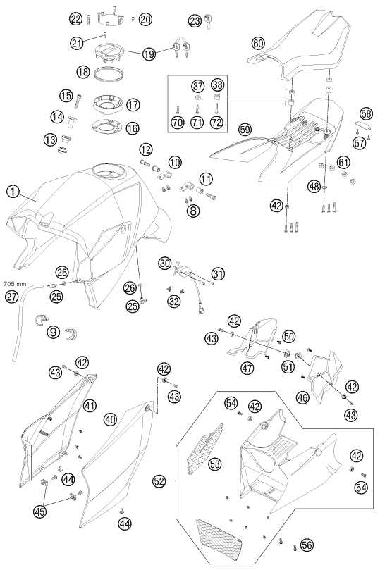 Explosionszeichnung der Baugruppe TANK, SITZBANK, Position 58 ist markiert