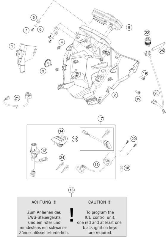 Explosionszeichnung der Baugruppe INSTRUMENTE / SCHLOSSSYSTEM, Position 21 ist markiert