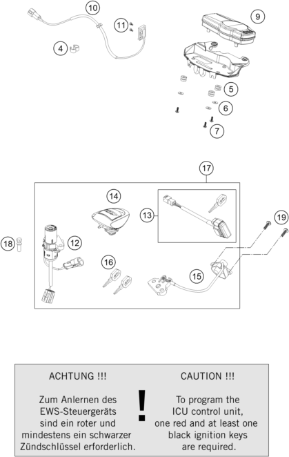 Explosionszeichnung der Baugruppe INSTRUMENTE / SCHLOSSSYSTEM, Position 9 ist markiert