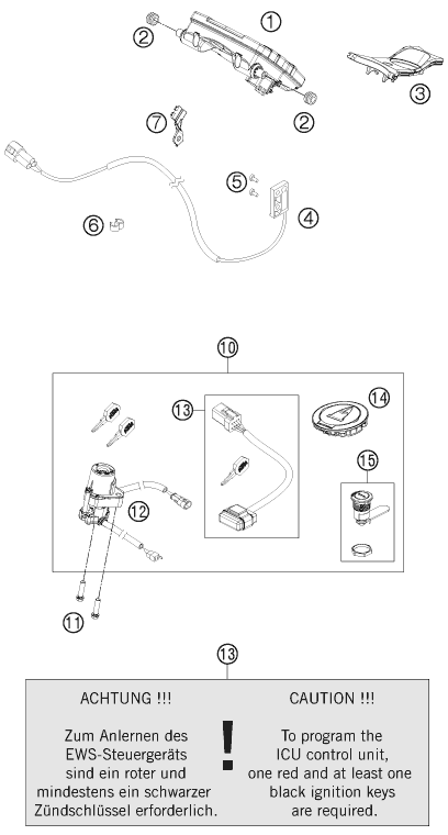 Explosionszeichnung der Baugruppe INSTRUMENTE / SCHLOSSSYSTEM, Position 10 ist markiert