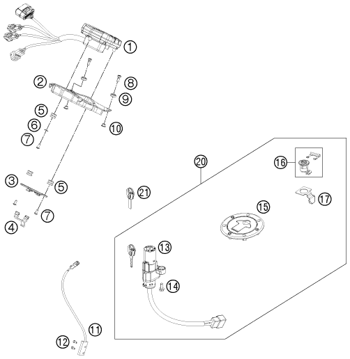 Explosionszeichnung der Baugruppe INSTRUMENTE / SCHLOSSSYSTEM, Position 1 ist markiert