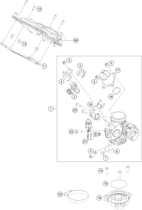 Explosionszeichnung der Baugruppe DROSSELKLAPPEN- / DREHWALZENKÖRPER, Position 1 ist markiert