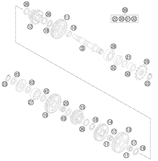 Explosionsgrafik GETRIEBE II - ABTRIEBSWELLE