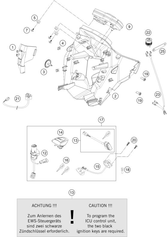 Explosionszeichnung der Baugruppe INSTRUMENTE / SCHLOSSSYSTEM, Position 12 ist markiert