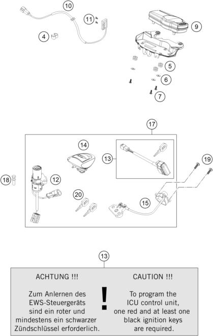 Explosionszeichnung der Baugruppe INSTRUMENTE / SCHLOSSSYSTEM, Position 9 ist markiert
