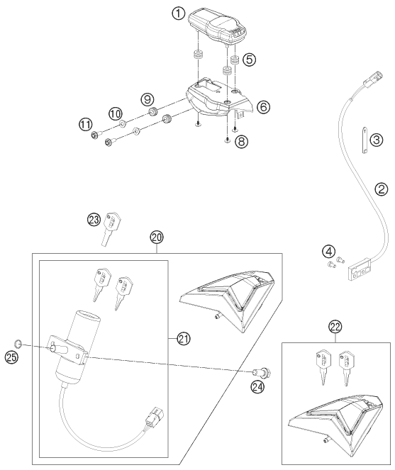 Explosionszeichnung der Baugruppe INSTRUMENTE / SCHLOSSSYSTEM, Position 1 ist markiert