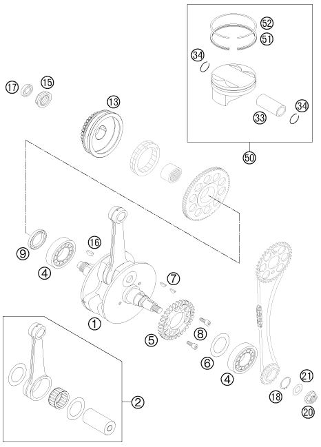 Explosionsgrafik KURBELWELLE, KOLBEN