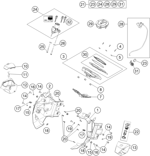 Explosionszeichnung der Baugruppe INSTRUMENTE / SCHLOSSSYSTEM, Position 24 ist markiert