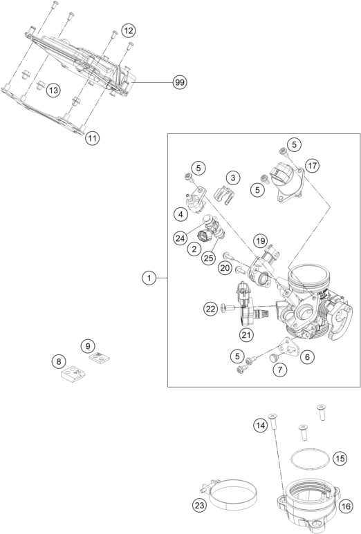 Explosionszeichnung der Baugruppe DROSSELKLAPPEN- / DREHWALZENKÖRPER, Position 1 ist markiert